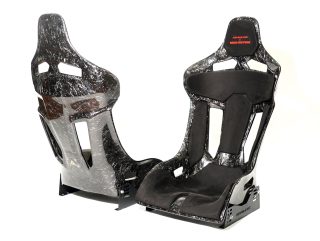 KevMannz GT-Max Forged CF seats with black Alcantara padding + collaboration project logo stitching on headrest padding.