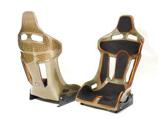 KevMannz GT-Max Kevlar seat (size XL) with black Alcantara padding + organge outline strip.