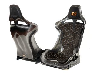CF Seats V5 with black Alcantara padding and orange honeycomb stitching pattern + orange Audi RS logo on headrest padding.