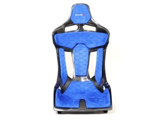 CF Seat GT-Max with blue Alcantara padding and black honeycomb stitching pattern + NISMO logo on headrest padding, this seat is made for Fairlady 370z.