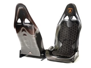 CF Seats V3 with black Alcantara padding and orange honeycomb stitching pattern + orange Lamborghini logo on headrest padding, these seats are made for Lamborghini Huracan with plug&play rails and slider kit.