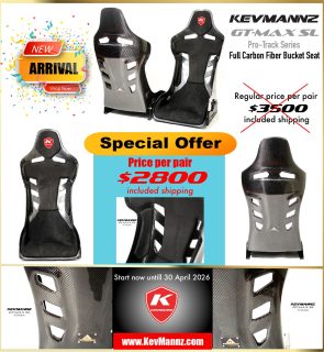 NEW ARRIVAL with special offer: KevMannz "GT-Max SL Pro-Tracking Series", our latest design full carbon fiber bucket seat.

Special offer: $2800 per pair (2 seats), included shipping.

Universal fit to all car models, we also provide plug&play rails and slider kit, just let us know your car model. 

Customizable your seat style:
- Alcantara padding colors or leather
- Logo on headrest padding
- Stitching pattern (honeycomb or diamond style)

This special promo is started from now until 30th April 2026.

Check it out on our website www.KevMannz.com or DM us for more info or customize detail.

#kevmannz #kevmannzseat #kevmannzGTmaxSL #gtmaxsl