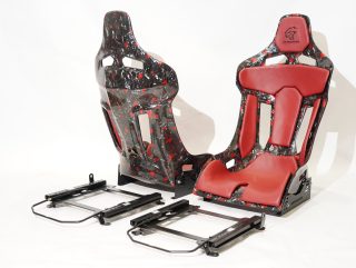 Forged CF + Red Flakes GT-Max seats with red leather padding, including plug&play rails and slider kit for Dodge Charger Hellcat 2021.