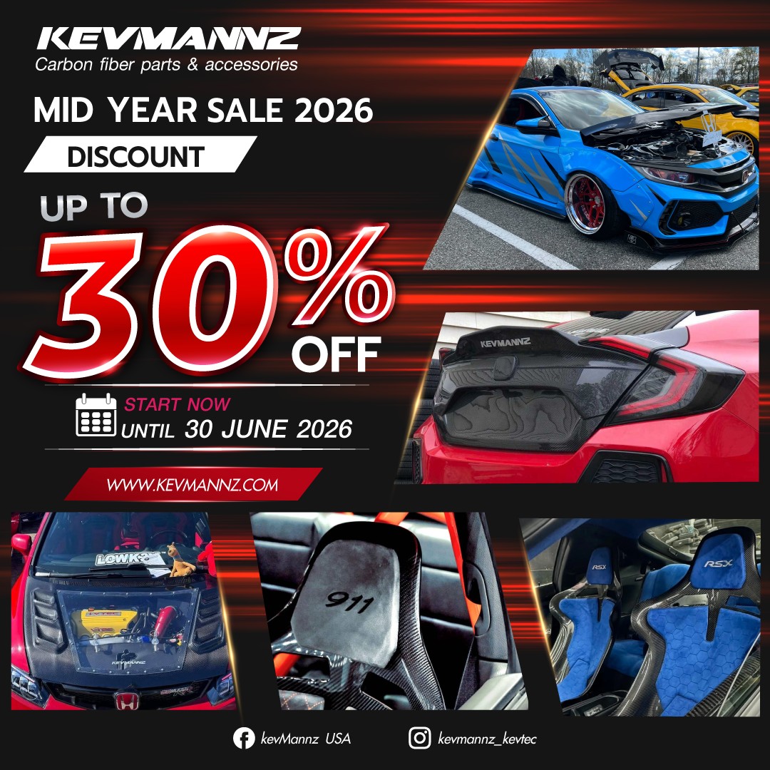 DISCOUNT up to 30% off !
Get ready to take your car to new heights! Our Mid Year Sale 2026 is now live until June 30th, 2026, offering you the perfect opportunity to upgrade your ride with confidence. With discounts of up to 30% on our premium KevMannz carbon fiber products, you can unlock a fresh new look and feel.
Explore our collection now and discover the possibilities: Wide body kits (20%-30% off), Seats (20%-25% off), Hoods (12.5% off), Fenders (15% off), Trunks (10% off), Engine Bay dress-up kits (30% off), and Spoilers (5% off).
Visit www.KevMannz.com to start building your dream car today!