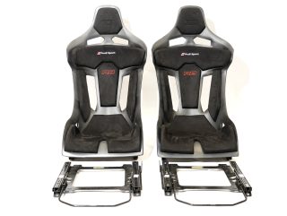 Experience the pinnacle of sport luxury with our Matt Carbon Fiber GT-Max seats, including Audi R8 plug&play rails and slider kit, debossed Audi logo on headrest plus R8 and Audi Sport logo stitching on backrest, complete with Alcantara padding.