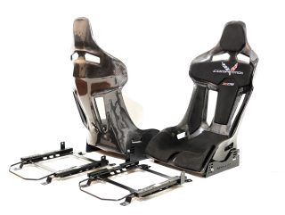 KevMannz full carbon fiber seats GT-Max including Corvette C7 (Z06) plug&play rails and slider kit, with black Alcantara padding and logo stitching.