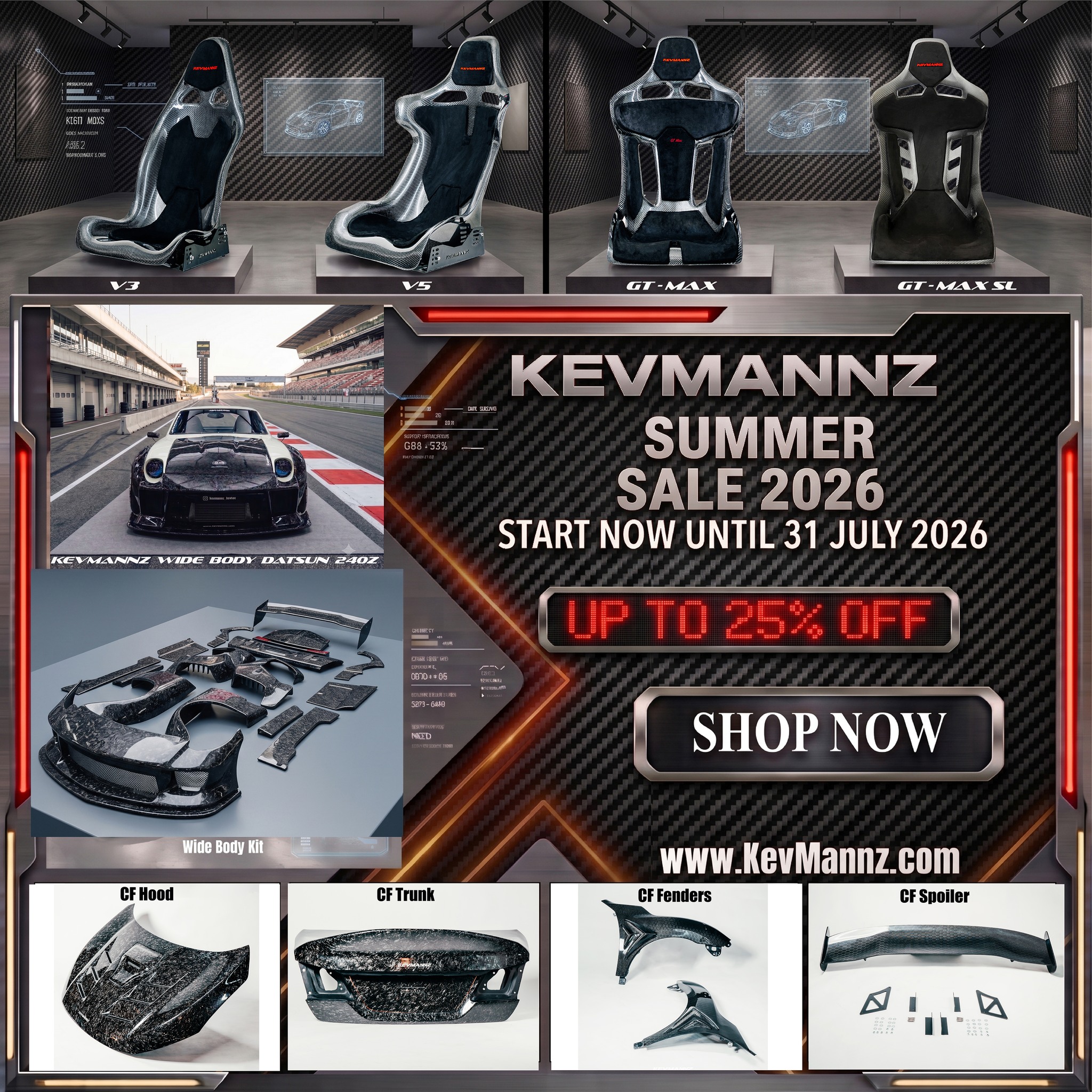 DISCOUNT up to 25%! 
KevMannz Summer Sale 2026 is here! From now until July 31st, 2026, take advantage of incredible deals that will elevate your driving experience. 

Body kits: 25% off, because you deserve a bold new look. Carbon Fiber Bucket Seats: 20% off, for the ultimate driving performance and style.
Carbon Fiber hood, trunk, fender, engine bay kit, and spoiler: 5-15% off.

To take your car to the next level. Shop now at www.KevMannz.com and start driving your dreams! 💥

#KevMannz #kevmannzcarbon