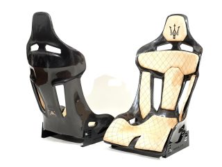 Rise to new heights with the KevMannz GT-Max, non-reclinable full carbon fiber bucket seat, infused with custom beige Alcantara padding, black diamond stitching pattern, and Maserati logo embroidery on the headrest padding, where every moment is a triumph of excellence!